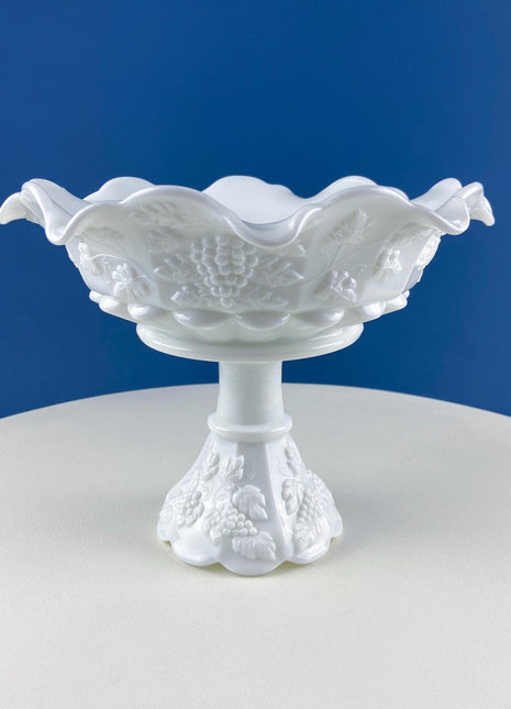 Antique Westmoreland Milk Glass Footed Bowl with Embossed Grapes & Vines Motif. Scalloped Edge. White Pedestal Serving Dish. Dining Rm Decor