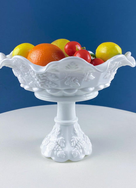 Antique Westmoreland Milk Glass Footed Bowl with Embossed Grapes & Vines Motif. Scalloped Edge. White Pedestal Serving Dish. Dining Rm Decor