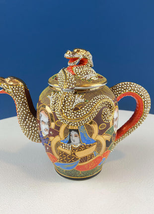 Vintage Satsuma Moriage Japanese Gold Dragon Tea Set. 4 Cups & Saucers. 3 D Dragons. Gift for Tea Connoisseur Collector. Asian Home Decor.
