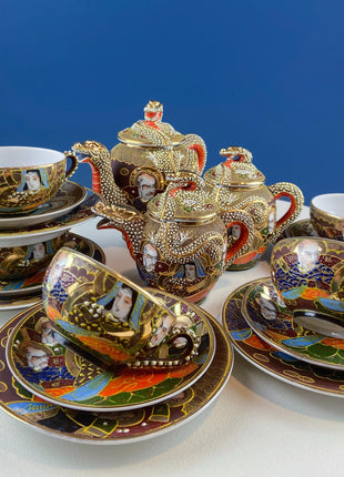 Vintage Satsuma Moriage Japanese Gold Dragon Tea Set. 4 Cups & Saucers. 3 D Dragons. Gift for Tea Connoisseur Collector. Asian Home Decor.