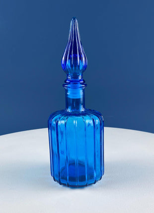 Aqua Blue Hand-Blown Fluted Glass Bottle or Vase with Pointed Stopper. Modern Glass Collection. Home Retail Decor.