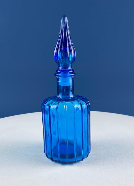 Aqua Blue Hand-Blown Fluted Glass Bottle or Vase with Pointed Stopper. Modern Glass Collection. Home Retail Decor.