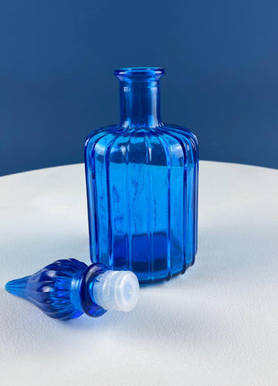 Aqua Blue Hand-Blown Fluted Glass Bottle or Vase with Pointed Stopper. Modern Glass Collection. Home Retail Decor.