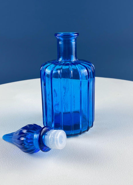 Aqua Blue Hand-Blown Fluted Glass Bottle or Vase with Pointed Stopper. Modern Glass Collection. Home Retail Decor.