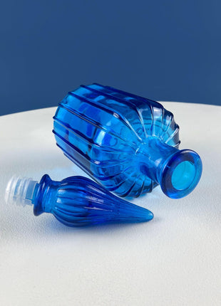 Aqua Blue Hand-Blown Fluted Glass Bottle or Vase with Pointed Stopper. Modern Glass Collection. Home Retail Decor.