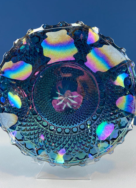 Blue Carnival Federal Glass Bowl Plate. 10” Iridescent Serving Platter. Windsor Button Pattern and English Hobnail. Collectible Art Glass.