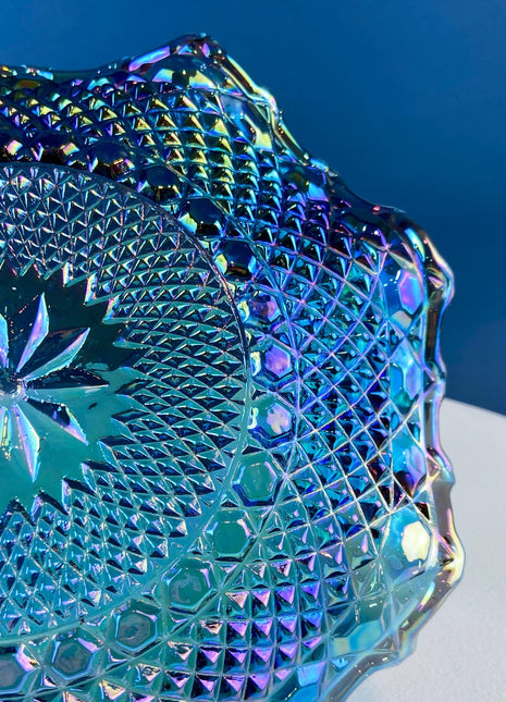 Blue Carnival Federal Glass Bowl Plate. 10” Iridescent Serving Platter. Windsor Button Pattern and English Hobnail. Collectible Art Glass.