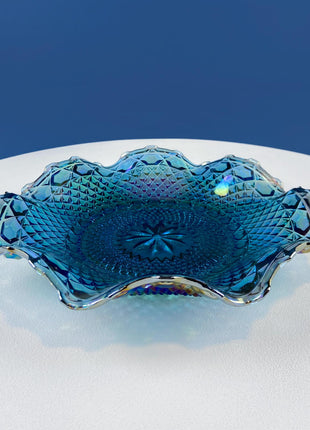 Blue Carnival Federal Glass Bowl Plate. 10” Iridescent Serving Platter. Windsor Button Pattern and English Hobnail. Collectible Art Glass.