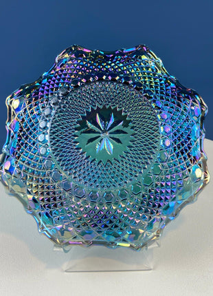 Blue Carnival Federal Glass Bowl Plate. 10” Iridescent Serving Platter. Windsor Button Pattern and English Hobnail. Collectible Art Glass.