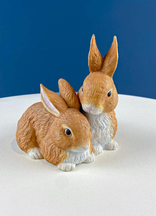 Brown Porcelain Figurine of 2 Snuggling Bunnies. Cute Hand Painted Rabbits Statuette. Gift for Him Her Bunny Collector Kids. Easter Display