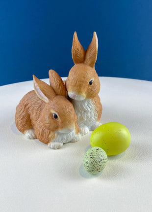 Brown Porcelain Figurine of 2 Snuggling Bunnies. Cute Hand Painted Rabbits Statuette. Gift for Him Her Bunny Collector Kids. Easter Display