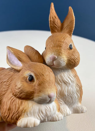 Brown Porcelain Figurine of 2 Snuggling Bunnies. Cute Hand Painted Rabbits Statuette. Gift for Him Her Bunny Collector Kids. Easter Display