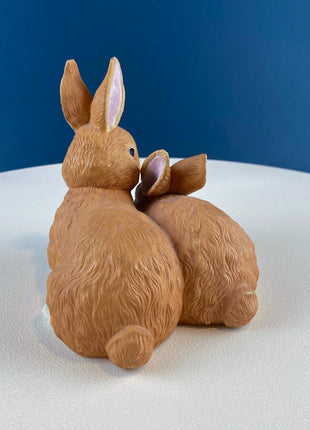 Brown Porcelain Figurine of 2 Snuggling Bunnies. Cute Hand Painted Rabbits Statuette. Gift for Him Her Bunny Collector Kids. Easter Display