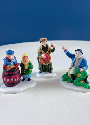 Christmas Village Accessories Figurines by Dept. 56. Apple and Wreath Sellers. Set of 3. Seasonal Home or Retail Display.