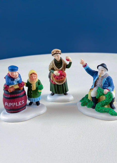 Christmas Village Accessories Figurines by Dept. 56. Apple and Wreath Sellers. Set of 3. Seasonal Home or Retail Display.