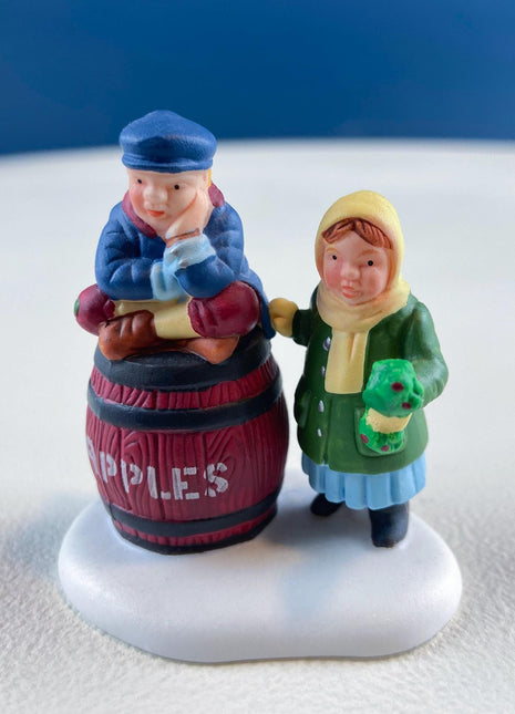 Christmas Village Accessories Figurines by Dept. 56. Apple and Wreath Sellers. Set of 3. Seasonal Home or Retail Display.