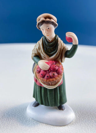 Christmas Village Accessories Figurines by Dept. 56. Apple and Wreath Sellers. Set of 3. Seasonal Home or Retail Display.