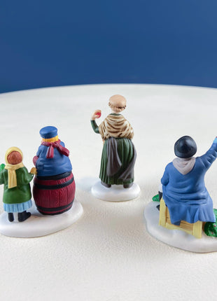 Christmas Village Accessories Figurines by Dept. 56. Apple and Wreath Sellers. Set of 3. Seasonal Home or Retail Display.