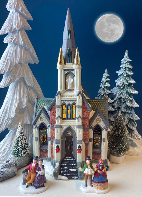 Porcelain Christmas Village Cathedral. Large Illuminated House of Worship by Grandeur Noel Collector's Edition. Home Retail Holiday Decor.
