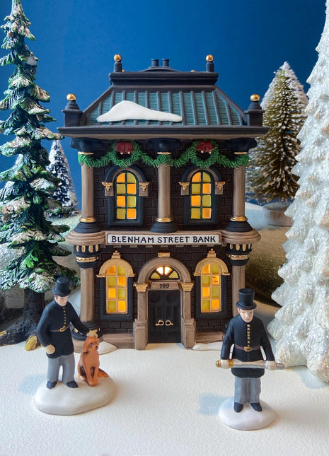 Vintage Blenham Street Bank & 2 Policeman Figurines by Department 56. Illuminated Christmas Village House. Dickens Village. Holiday Display.
