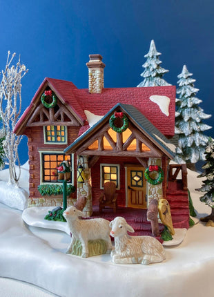 Christmas Village Illuminated House. Red Roof Cabin. Limited Edition by O'Well, 2004. Porcelain Lighted Seasonal Display. Collectible.