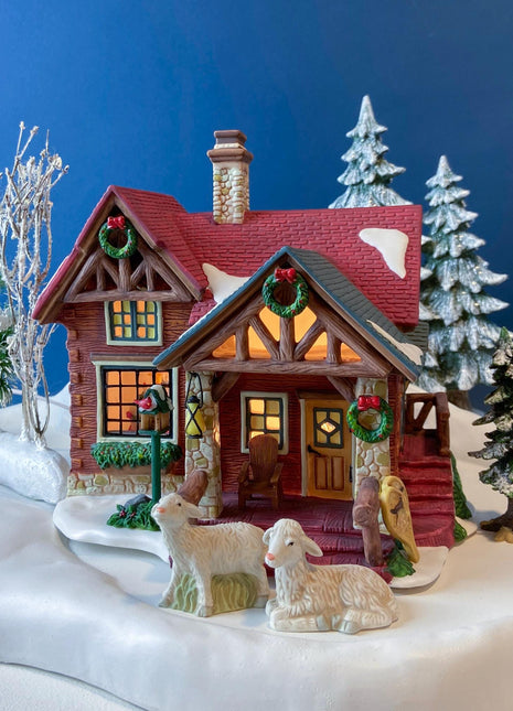 Christmas Village Illuminated House. Red Roof Cabin. Limited Edition by O'Well, 2004. Porcelain Lighted Seasonal Display. Collectible.