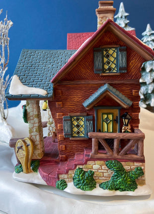 Christmas Village Illuminated House. Red Roof Cabin. Limited Edition by O'Well, 2004. Porcelain Lighted Seasonal Display. Collectible.