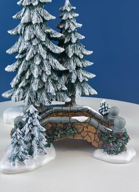 Christmas Village Stone Bridge by Dept. 56. Porcelain Bridge with Pine Trees. Holiday Seasonal Home or Retail Decor.