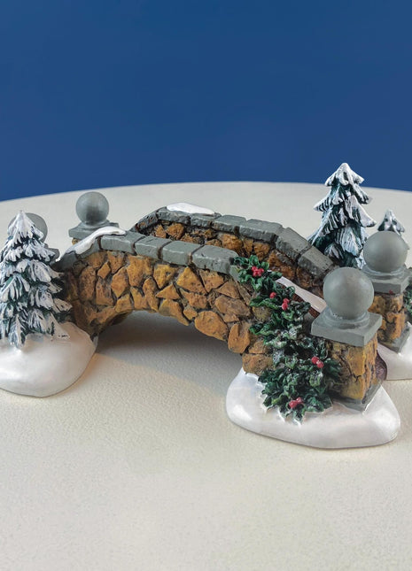 Christmas Village Stone Bridge by Dept. 56. Porcelain Bridge with Pine Trees. Holiday Seasonal Home or Retail Decor.