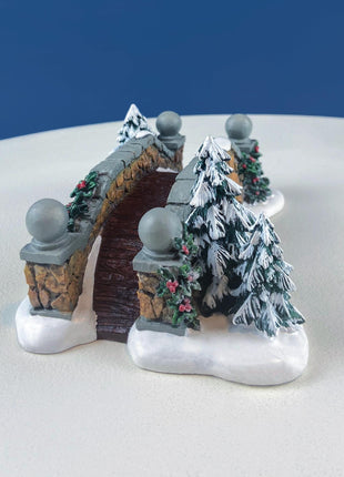 Christmas Village Stone Bridge by Dept. 56. Porcelain Bridge with Pine Trees. Holiday Seasonal Home or Retail Decor.