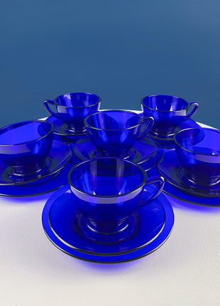 Cobalt Blue Cups Saucers with Matching Dessert Plates 6.5". Set of 6. Dark Blue Modern Glassware. Tea Coffee Service.