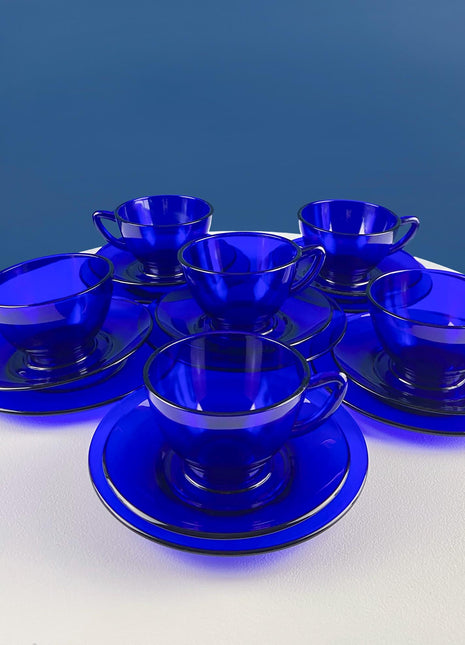 Cobalt Blue Cups Saucers with Matching Dessert Plates 6.5". Set of 6. Dark Blue Modern Glassware. Tea Coffee Service.