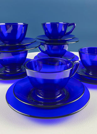 Cobalt Blue Cups Saucers with Matching Dessert Plates 6.5". Set of 6. Dark Blue Modern Glassware. Tea Coffee Service.