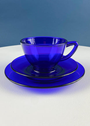 Cobalt Blue Cups Saucers with Matching Dessert Plates 6.5". Set of 6. Dark Blue Modern Glassware. Tea Coffee Service.