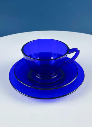 Cobalt Blue Cups Saucers with Matching Dessert Plates 6.5". Set of 6. Dark Blue Modern Glassware. Tea Coffee Service.