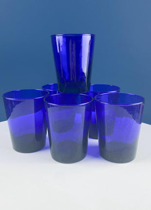 Cobalt Blue Tumblers. Set of 6 Minimalist Modern Glasses. Kitchen Dining Decor. Fine Dining.