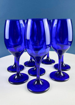 Cobalt Blue Wine Glasses. Set of 8 Stemware. Dark Blue Modern Glassware. Holiday Celebration. Fine Dining.