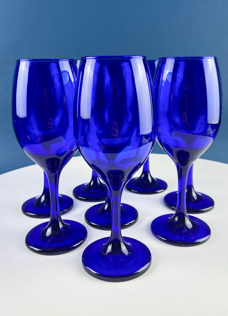 Cobalt Blue Wine Glasses. Set of 8 Stemware. Dark Blue Modern Glassware. Holiday Celebration. Fine Dining.