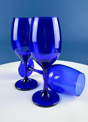 Cobalt Blue Wine Glasses. Set of Six Stemware. Dark Blue Modern Glasses. Holiday Celebration.