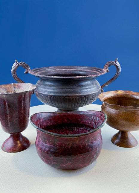 Collection of Rustic Metal Urns Jardinieres. Flower Arrangements or Herb Garden. Set of 4 Planters. Home Retail Decor. Florist Supplies.