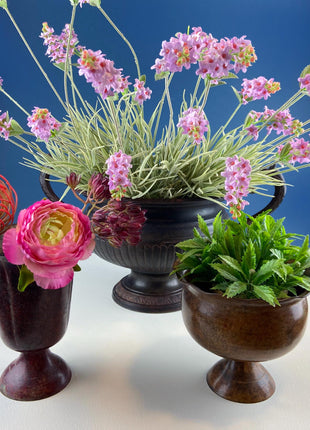 Collection of Rustic Metal Urns Jardinieres. Flower Arrangements or Herb Garden. Set of 4 Planters. Home Retail Decor. Florist Supplies.