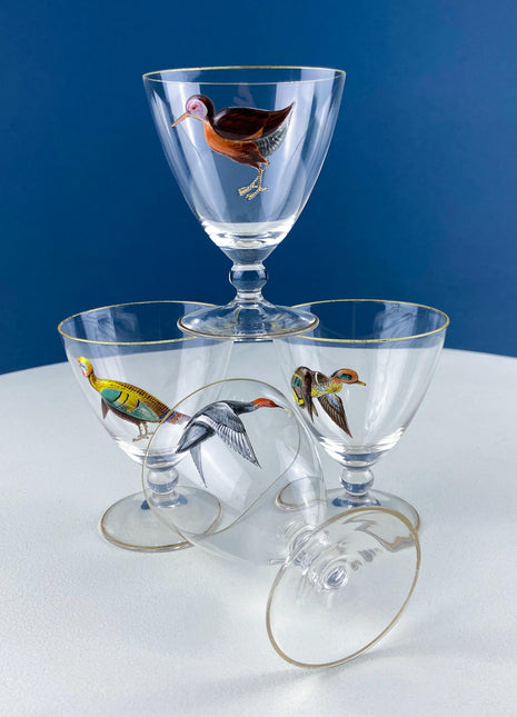 3-D Game Waterfowl Birds Cordial Glasses. Set of 4 Hand Painted Stemware. Hunter Lodge. Dining Room Decor. Gift for Hunter, Bird Watcher.