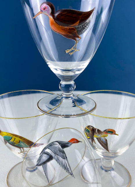 3-D Game Waterfowl Birds Cordial Glasses. Set of 4 Hand Painted Stemware. Hunter Lodge. Dining Room Decor. Gift for Hunter, Bird Watcher.