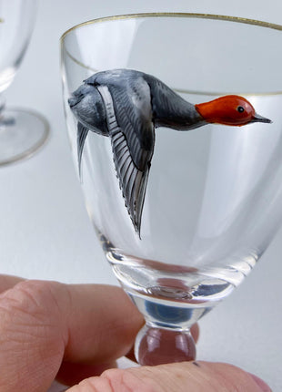3-D Game Waterfowl Birds Cordial Glasses. Set of 4 Hand Painted Stemware. Hunter Lodge. Dining Room Decor. Gift for Hunter, Bird Watcher.