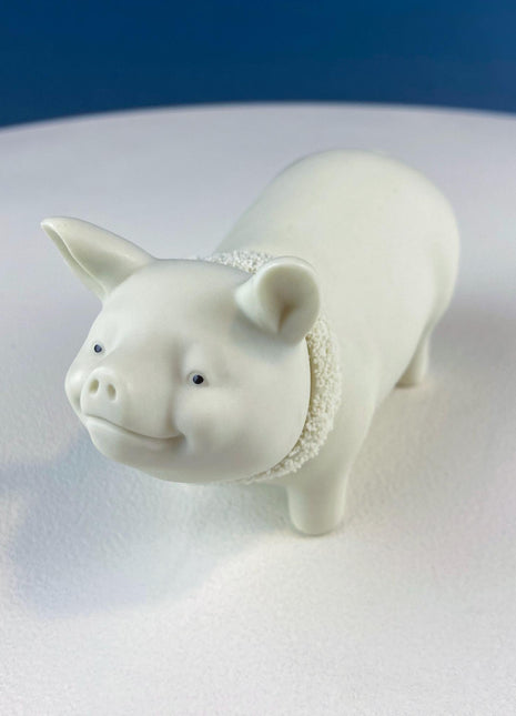 Lucky Smiling Pig Figurine by Snow Babies and Department 56. Cute White Porcelain Piglet Wearing Scarf. Holiday Decor. Collectibles.