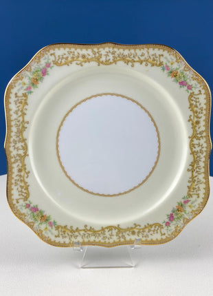Dessert Salad Plates by Noritake, Elvira Pattern. 5 Porcelain Square Plates with Gold Garland Motifs. Hosting Essentials. Dining Room Decor.
