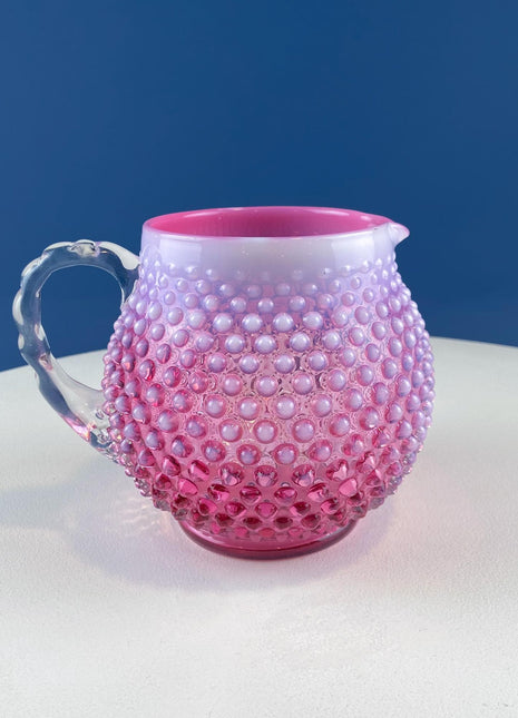 Fenton Pink Glass Pitcher with Hobnail Pattern & Pinched Clear Handle. Water Juice Milk Jug. Flower Vase. Collectible Glass.