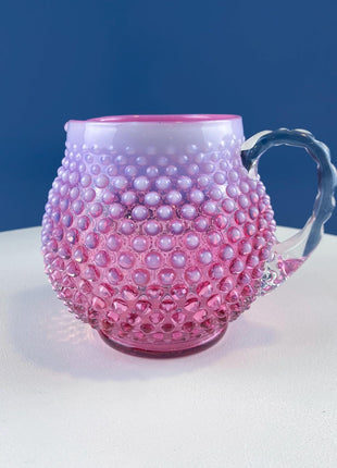 Fenton Pink Glass Pitcher with Hobnail Pattern & Pinched Clear Handle. Water Juice Milk Jug. Flower Vase. Collectible Glass.