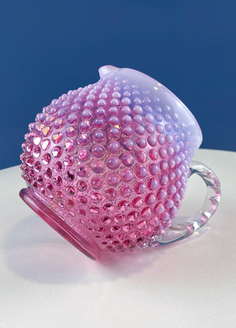 Fenton Pink Glass Pitcher with Hobnail Pattern & Pinched Clear Handle. Water Juice Milk Jug. Flower Vase. Collectible Glass.