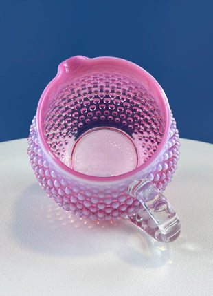 Fenton Pink Glass Pitcher with Hobnail Pattern & Pinched Clear Handle. Water Juice Milk Jug. Flower Vase. Collectible Glass.